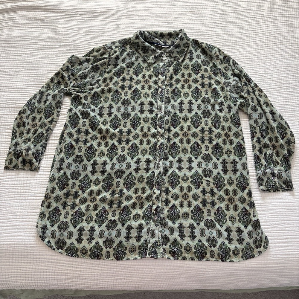 Soft Surroundings Top Women's Plus 2X Green Velvet Blouse Shirt Button‎ Up Boho